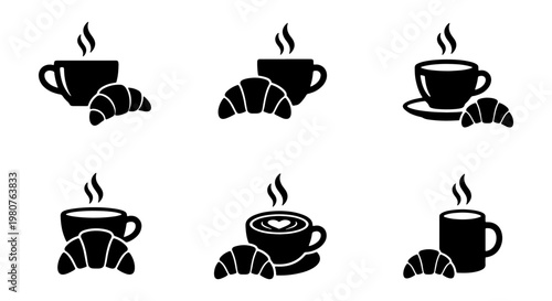Minimalist coffee and croissant icon set, black silhouette breakfast food symbols, 6 vector elements for cafe menus and bakery branding