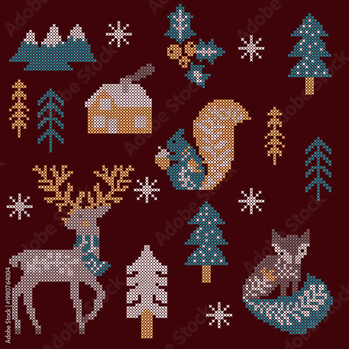 Christmas Cross Stitch Embroidery Vector Pattern with Deer, Fox, and Squirrel in Winter Forest.Seamless Winter Woodland Animal Cross-stitch Elements Set for Holiday Greeting Cards and Crafts.