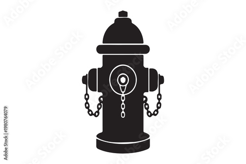 Stylized black and white illustration of a fire hydrant with domed top, side nozzles, chains, and central valve, minimalist vector icon, urban infrastructure symbol, high-contrast design