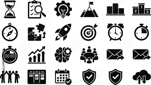 Comprehensive Business Management Icon Set Featuring Productivity, Growth, Strategic Planning, Teamwork, Time Tracking, Marketing, and Project Optimization Vector Graphics