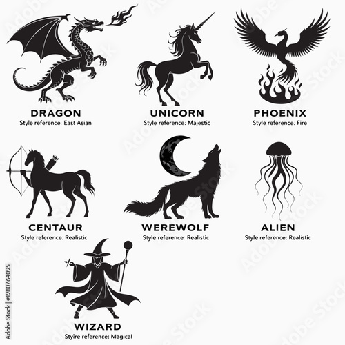 Mythical creatures icons, fantasy symbols, dragon, unicorn, phoenix, vector set