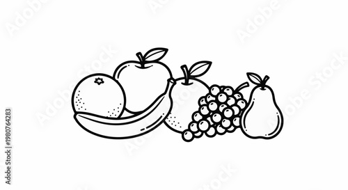 A black and white illustration of a variety of fruits, including an orange, banana, apple, grapes, and pear