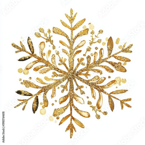 Gold snowflake glitter Christmas winter holiday decoration festive ornament sparkle abstract golden snowflake illustration with glitter detail for winter holiday decoration and cheerful