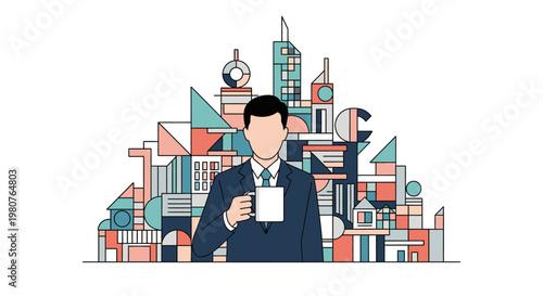 Businessman holding a mug in front of a colorful abstract cityscape, representing urban life and corporate success.