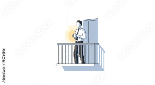 Businessman adjusting tie on balcony with sun glowing behind him, symbolizing morning routine and new beginnings
