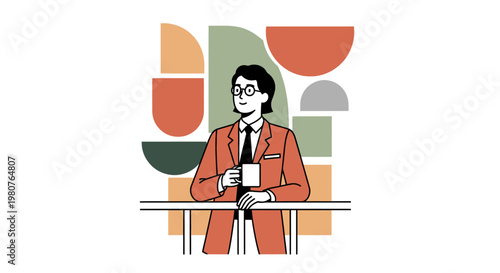 Thoughtful businessman in suit holding coffee cup, looking away, abstract geometric background, modern illustration
