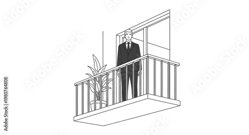 Man in Suit Standing on Balcony with Potted Plant, Minimalist Line Art Illustration