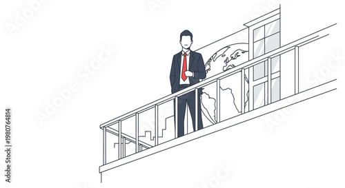 Businessman standing on a balcony overlooking a cityscape with a globe in the background, representing global business and success.