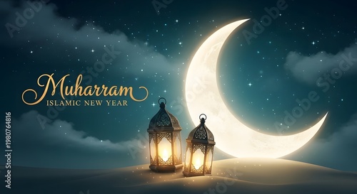 Happy muharram day islamic festival with crescent moon lighting colorful concept