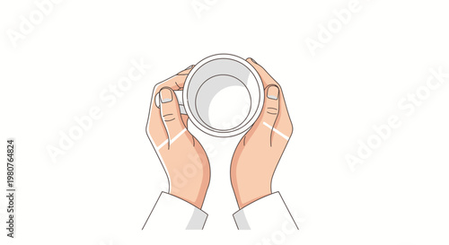 Top view of hands holding a white disposable coffee cup with a white background, isolated illustration
