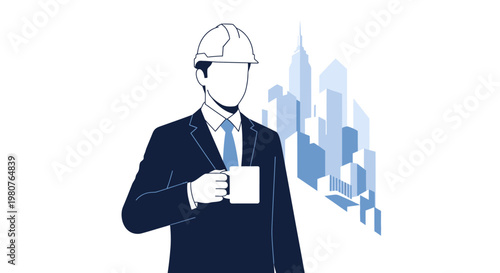Engineer in hard hat holding coffee cup with abstract city skyline in background, concept of urban development and construction