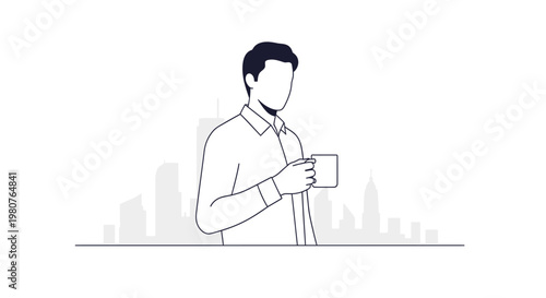 Minimalist illustration of a businessman holding a coffee cup with a city skyline in the background