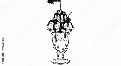 A black and white illustration of an ice cream sundae with chocolate sauce and a cherry