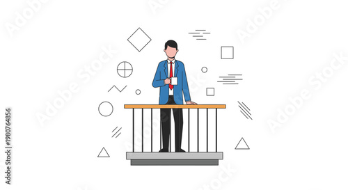 Professional man in business attire taking a moment to relax with a cup of coffee on a sleek balcony, minimalist vector art.