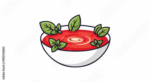 A cartoon bowl of vibrant red soup, garnished with fresh green basil leaves