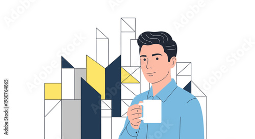 Modern man in blue shirt holding a white mug with abstract geometric city skyline background