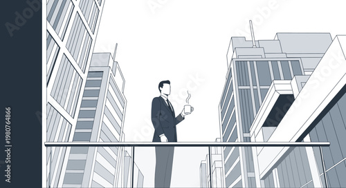 Businessman enjoying coffee on a balcony overlooking a modern city skyline with skyscrapers