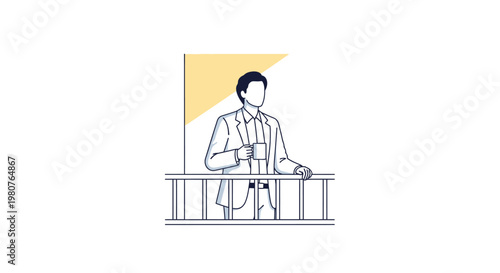 Stylish businessman in a suit enjoying a morning coffee on a balcony, taking a moment of calm reflection, elegant minimalist line art illustration.