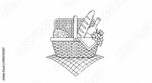 A black and white sketch of a picnic basket filled with food and wine