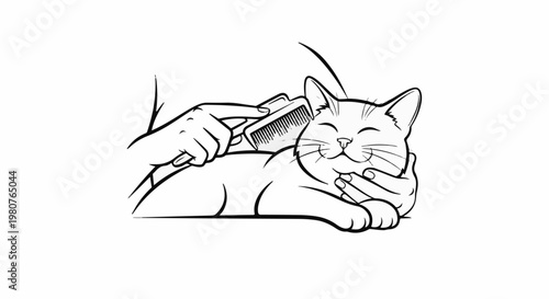 A cartoon cat is being groomed with a comb by a person