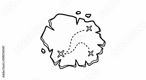 A black and white sketch of an old-fashioned treasure map with dotted lines and X marks