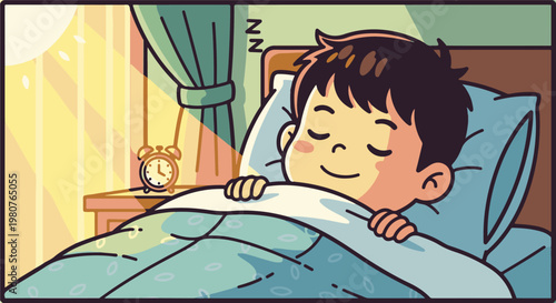 A boy sleeps peacefully in bed as sunlight streams through the window