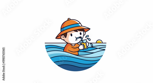 A cartoon character wearing a hat drinks from a glass in wavy blue water