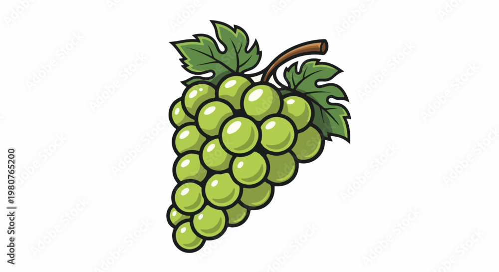 Fototapeta premium A cartoon cluster of ripe green grapes with leaves