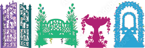 Set of colorful garden silhouettes with gate, bench, birdbath, and archway