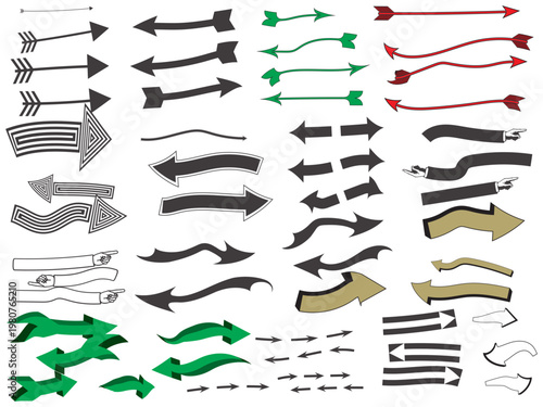 A collection of various arrows in different colors shapes and styles pointing in multiple directions