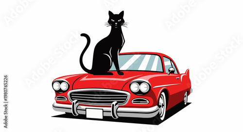 A black cat sits atop a classic red automobile with a white license plate