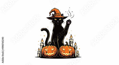 A black cat wearing a witch hat sits with pumpkins and candles