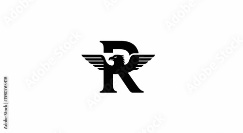 A black graphic of a stylized R with a bird of prey centered within
