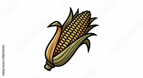 A cartoon style illustration of a corn cob with its husks pulled back