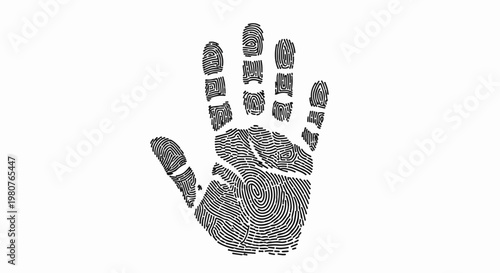 A black fingerprint pattern forms the shape of a hand on a white background