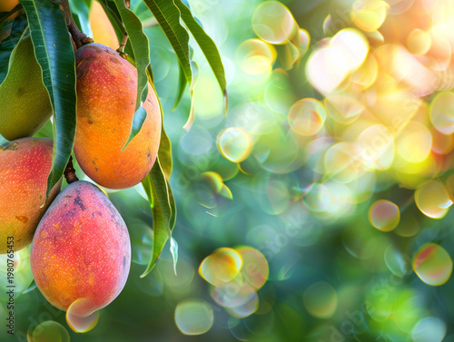 Ripe mango fruits hanging on tree branch with green foliage