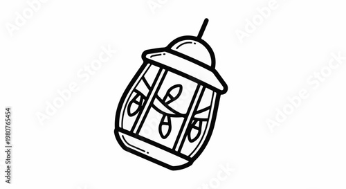 A black and white doodle of a hanging lantern with small lights inside