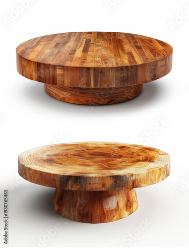Handcrafted round wooden coffee tables with natural grain pattern rustic design isolated on white background