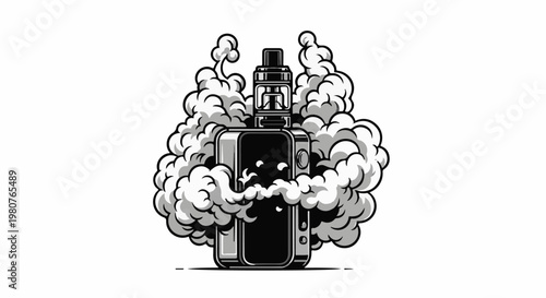 A black and white cartoon illustration of a vape device emitting thick clouds of smoke