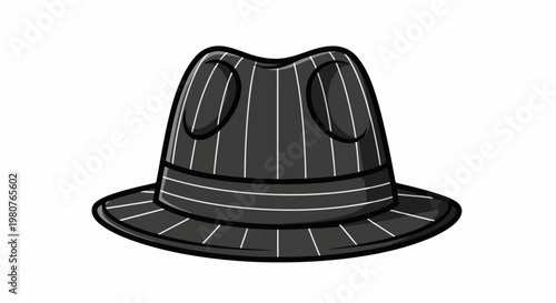 A black and white cartoon fedora hat with vertical stripes