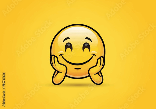 Smiling face emoticon with hands on cheeks on yellow background