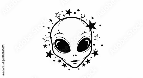 A black and white cartoon alien head surrounded by stars