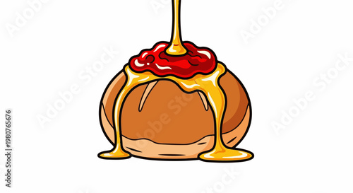 A cartoonish depiction of a pastry drizzled with vibrant red jam and golden, viscous syrup