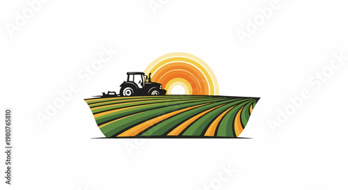A black tractor cultivates green and orange fields under a radiant sun