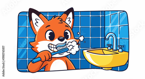 A cartoon fox is brushing its teeth in a bathroom with blue tiled walls