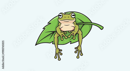 A cartoon frog sits on a bright green leaf, legs dangling