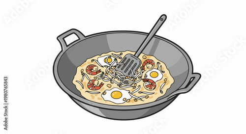 A cartoon wok filled with noodles, shrimp, bean sprouts, and eggs being stirred