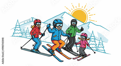 A cartoon family happily skis down a snowy mountain slope on a sunny day
