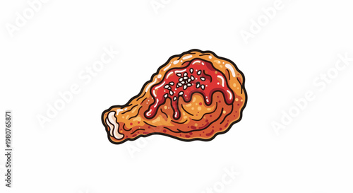 A cartoon-style chicken wing drizzled with red sauce and sprinkled with sesame seeds