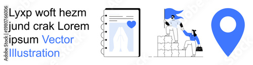 Teamwork, navigation, planning, leadership, geolocation, collaboration. A notebook with a heart, people helping each other climb and a geolocation marker. Teamwork and navigation concept